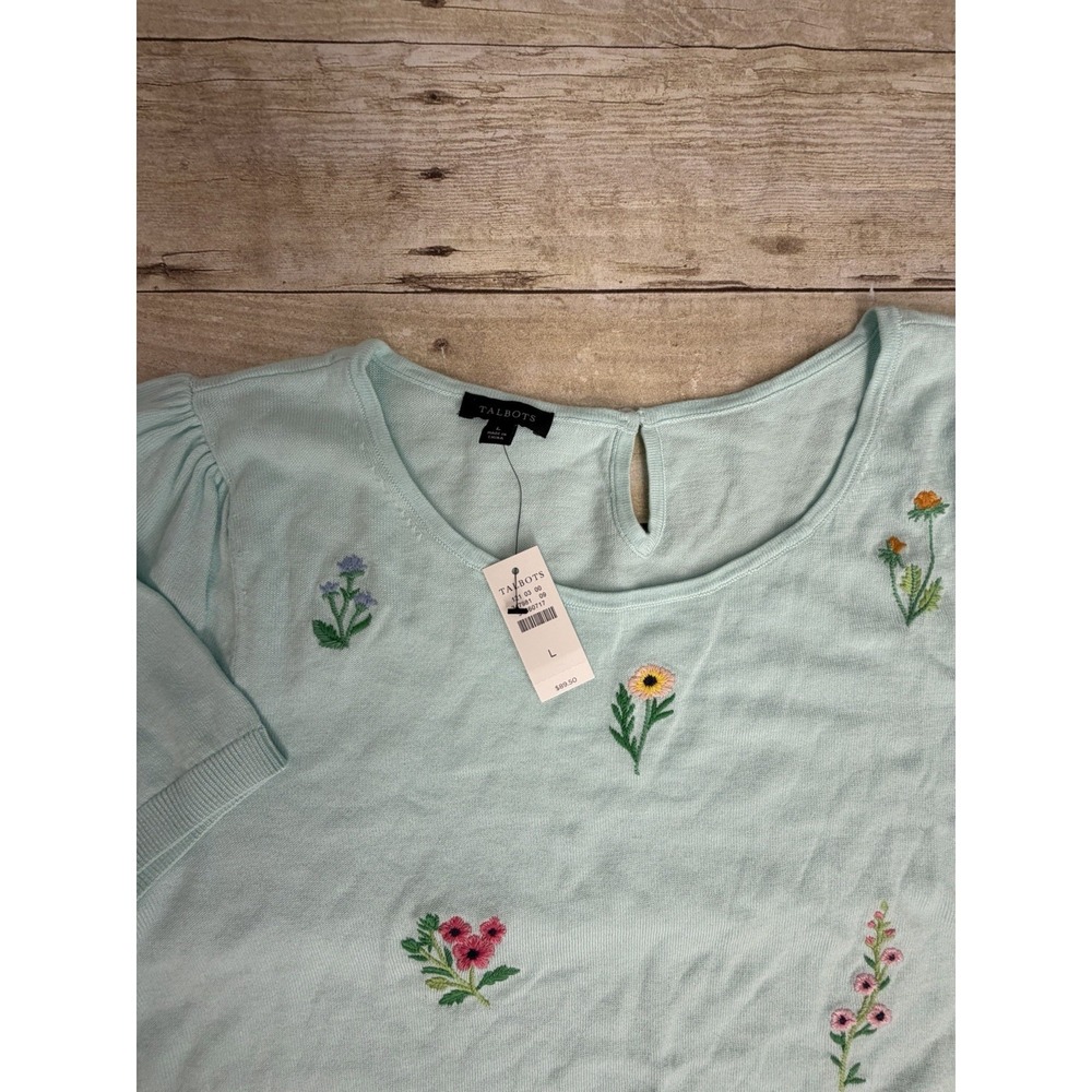 Talbots Floral Embroidered Top Blouse Size Large Aqua Color Pullover Sweater New